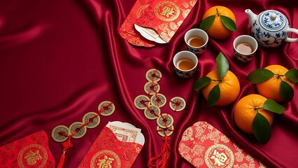 Festive Lunar New Year arrangement featuring red envelopes, oranges, tea set, and lucky coins on a red silk background.