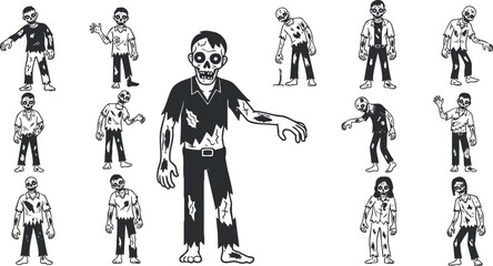 Set of cartoon zombie vector illustrations in black and white style for Halloween and horror-themed designs