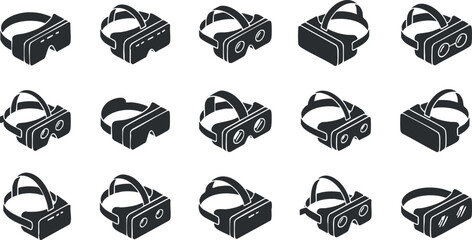 Minimalist black and white vector illustration of a collection of virtual reality headset icons for technology and gaming projects
