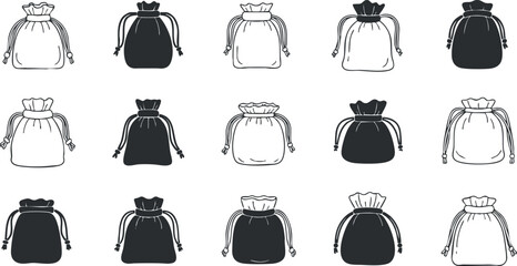 Stylish vector pattern featuring drawstring bags in black and white, ideal for textile design and branding projects