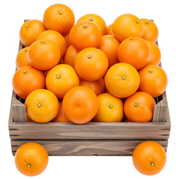 A wooden crate overflowing with vibrant oranges on transparent background