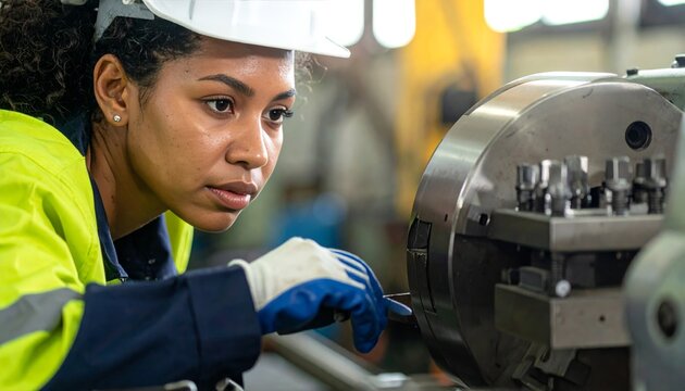 Diligent female factory worker in safety gear meticulously operating a metalworking machine in an industrial setting. - Powered by Adobe