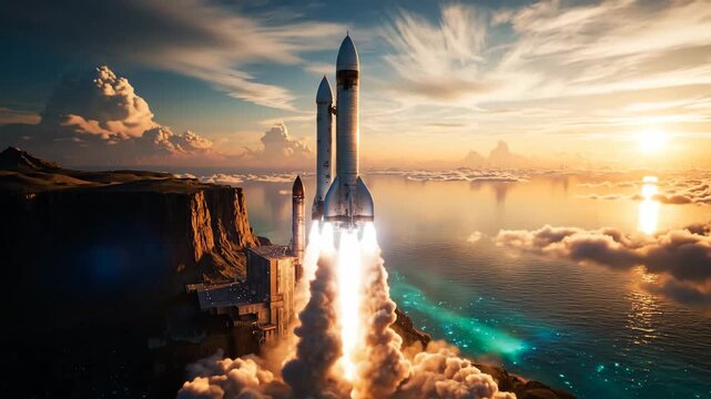 Rocket launching into the sky with sunset background