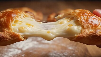 Closeup shot of two hands pulling apart a freshly baked goldenbrown pastry revealing a generous amount of hot gooey and incredibly stretchy melted cheese filling creating an appetizing and delicious .