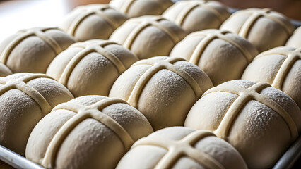 Freshly baked bread rolls arranged in rows on a baking tray