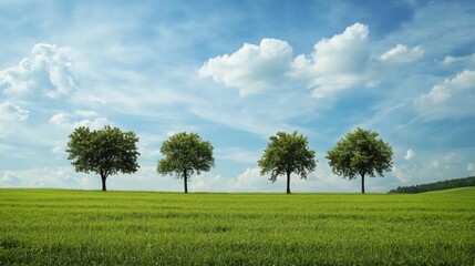 Obraz premium Trees in the middle of a green field at dawn generative ai