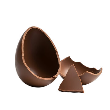 Broken chocolate easter egg with pieces on isolated transparent background