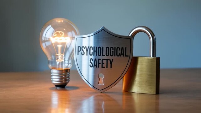 A light bulb, a shield with 'Psychological Safety', and a padlock on a wooden surface.