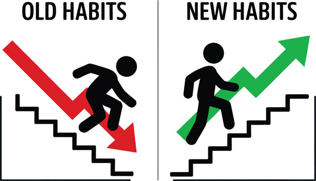 Stick figure changing old habits to new habits for a better life