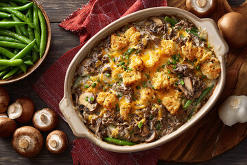 Mushroom and beef casserole topped with golden cheese and croutons, served with green beans.
