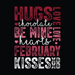 Valentine&rsquo;s Day Typography Poster with Love Words, Hearts and XOXO on Black Background,
