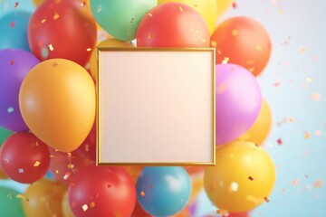 A blank golden frame surrounded by a vibrant cluster of colorful balloons and falling confetti for a festive celebration