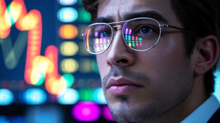 A focused individual wearing glasses gazes at colorful digital graphs, reflecting a blend of technology and finance in a modern environment.