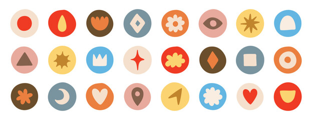 Vector highlight covers, abstract backgrounds, minimalist social media story icons, hand drawn round shapes, bloggers, pastel cartoon