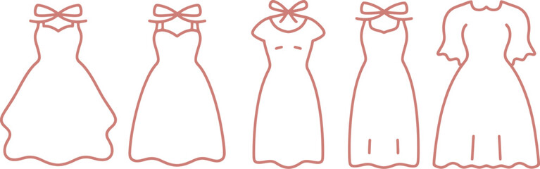 set of various wedding dress silhouettes and bridal gown icons with cute bows on transparent background