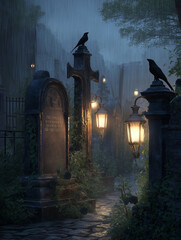AI generator images of cemetery shows statues of crows perched on top of pillars and tombstones, in the gloomy, rainy weather, creating a chilling and eerie 