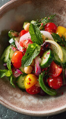 Top view of a colorful Mediterranean salad in a ceramic bowl, fresh vegetables and herbs, vertical food photo