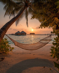 AI generator images of ranquil sunset on a tropical beach, with a hammock tied to a tree by the shore. The concept: relaxation, enjoying the view, and a calm, peaceful sea.