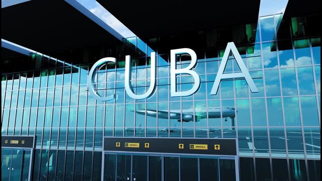 Airlane landing at Cuba. Arrival in the city with reflection of airport and aircraft