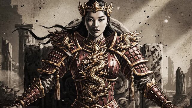 A powerful queen in ornate, golden armor sits on a grand throne within a desolate, ancient city. Sunbeams pierce the dusty atmosphere, illuminating the ruins.