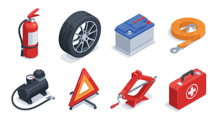 Isometric car safety and maintenance equipment set for road emergencies
