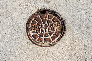 Rusty Metal Access Cover to Reclaimed Water Main Along a Street