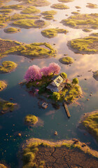 AI generator images of small house situated on a tiny island in the middle of a wetland or swamp filled with blooming cherry blossom trees. Cherry Blossom Tree House Surrounded By Lake