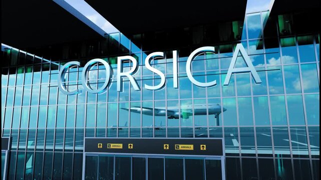 Airlane landing at Corsica. Arrival in the city with reflection of airport and aircraft
