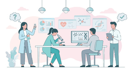 Science team collaborating on medical and genetic research in a laboratory