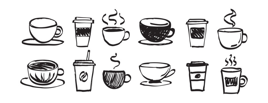 coffee in different cups in doodle style hand drawn set. coffee time element hot drink