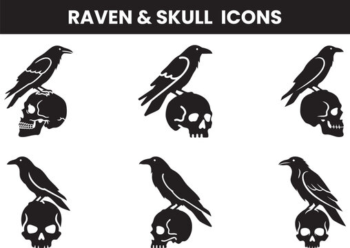 A collection of monochrome raven and skull icons showcasing various poses and arrangements for design projects