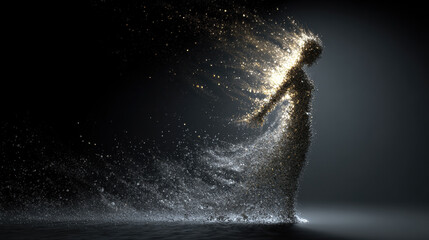 Conceptual image of transformation as a figure dissolving into vibrant abstract particles, symbolic rebirth