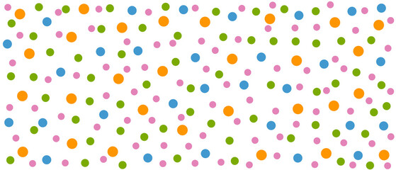 Obraz premium A seamless pattern of randomly scattered dots. A seamless pattern of large and small blue, yellow, purple, and green polka dots.