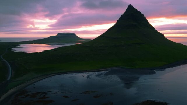 Wide Aerial Panorama of Kirjufell and Calm Fjord at Tilight