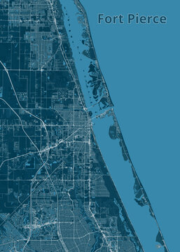 Map of Fort Pierce, Florida, is presented in shades of blue. The city's layout is depicted with fine white lines representing streets and roads.