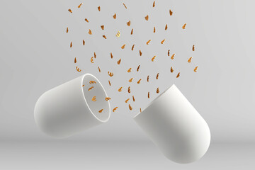 Golden euro signs pouring from an open white capsule on gray background - 3D render