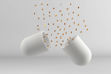 Golden dollar signs pouring from an open white capsule on gray background - 3D render
