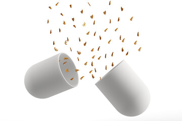 Realistic golden euro signs pouring from an open white capsule - 3D render