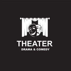 icon of comedy and tragedy theatrical masks with curtains isolated on black background