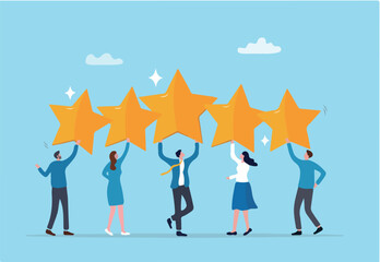 Employee survey, customer feedback rating or performance review, five stars service, best experience or feedback and engagement concept, business people employees holding 5 stars rating feedback