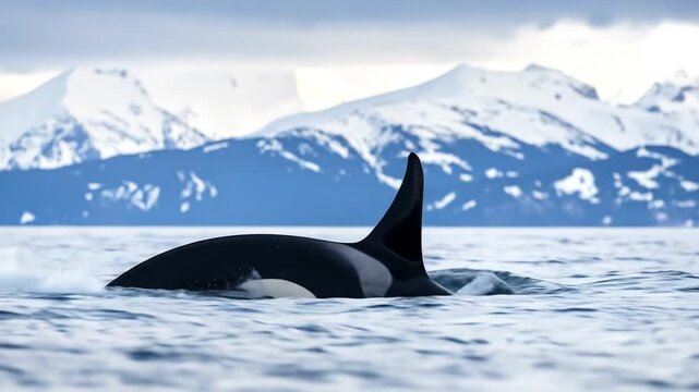 An orca surfaces in ocean, snowy mountains behind. Water splashes. The mammal's fin is prominent