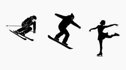 Three athletes skiing and snowboarding in dynamic poses on snowy slopes.