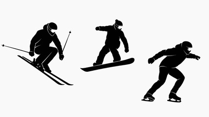Three athletes skiing and snowboarding down a mountain slope in winter