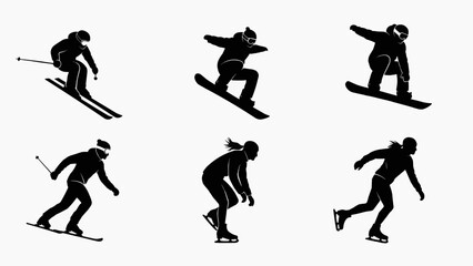 Skier performs various movements skiing down snow covered mountain slopes in winter