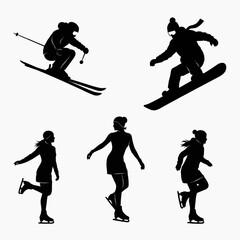 People are skiing and ice skating in a winter sports scene with snow and ice