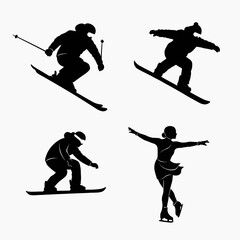 Four silhouettes of people engaging in various winter sports on snow and ice