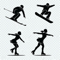 Athletes skiing and snowboarding down snowy slopes in various dynamic poses.