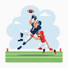 Two American football players are competing for the ball in an action-packed game on a green field.