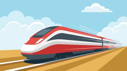 Modern high-speed train speeding on railway tracks under a clear sky