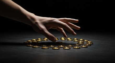 hand reaching for coins on dark surface